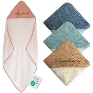 Kapuzenhandtuch Kinder mit Namen Bestickt, Oeko-TEX® Standard 100 - Personalisiertes Badetuch mit Kapuze aus weichem Musselin mit gesticktem Namen (Rosa, 100 x 100 cm)
