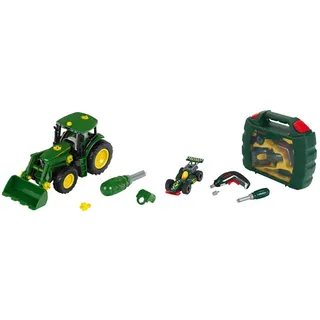 Theo Klein 3903 John Deere Traktor | Mit Frontlader und Gegengewicht 3 Jahren & 8395 Werkzeugkoffer-Set Bosch Grand Prix mit Ixolino-Akkuschrauber | Schraubbarer Rennwagen ab 3 Jahren