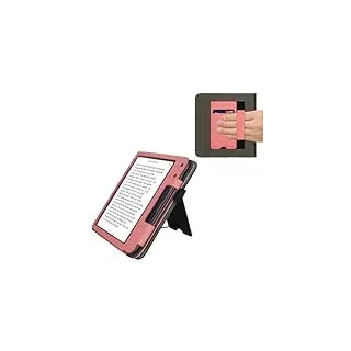 kwmobile Hülle kompatibel mit Kobo Kobo Libra Colour/Tolino Vision Color Hülle - Flip Case mit Handschlaufe - Kunstleder Cover - Rosa Dunkelgrau