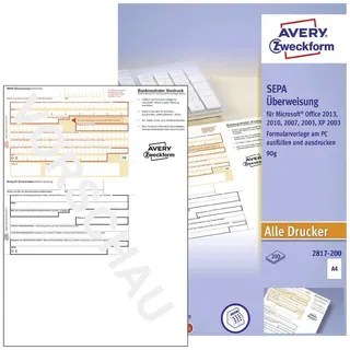 AVERY Zweckform 2817-200 Überweisung/Zahlschein (PC-Druckerformular, A4, von Rechtsexperten geprüft, für Deutschland, zum einfachen Erstellen von Überweisungen am PC, 200 Blatt)