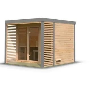 Karibu Saunahaus Ares 3 - Hybridhaus mit Metallrahmen - 38 mm naturbelassen Blech-Ausführung: graualuminium Ohne Ofen inkl. gratis Saunaofen im Wert von 599,99 € - 50% Rabatt auf Dacheindeckung