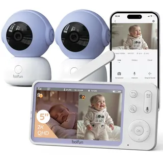 Boifun Babyphone mit 2 Kameras & 2K/3MP App-Steuerung, Split-Screen-Ansicht, 5" Video Babyfone WLAN, PTZ 360 Grad, Weinen/Bewegungs/Geräuscherkennung, Intelligente Nachtsicht, Automatische Verfolgung