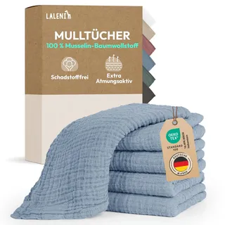 Laleni Spucktücher Baby im 5er Set aus Reiner Baumwolle - schadstofffreie Mulltücher weich 70x70 saugstarke Mussellintücher Baby - Musselin Tuch als Mullwindel waschbare Mulltücher - Blau