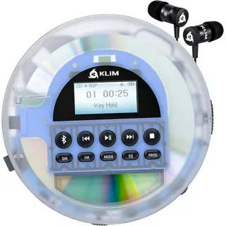 Klim Nomad Transparent – Neuheit – tragbarer CD-Player – integrierter Akku mit Radio FM und Kopfhörer KLIM Fusion, MP3, CD, Player Bluetooth – für kristallklaren Klang im Auto,
