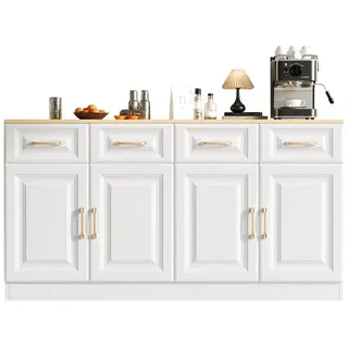 EXTSUD Sideboard Landhausstil, 4 Türen + 4 Schubladen, Weiß/Eiche (für Küche, Esszimmer, Wohnzimmer), langer Lagerschrank im modernen Bauernhausstil, weißes Holz weiß
