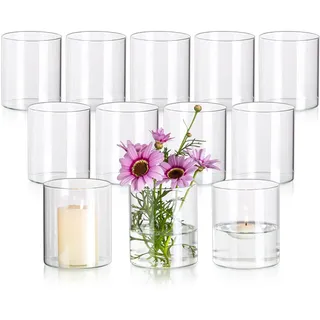Glasseam Glaszylinder Vase Kleine Vasen für Tischdeko, Klar Blumenvase Modern Glasvasen 12 Stück, 10 x 8,5 cm Blumen Vasen Glas Zylinder Kerzenhalter Tischvase für Wohnzimmer Wedding Decoration
