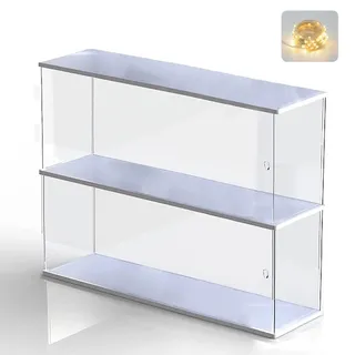 Acryl Vitrine Schaukasten mit Licht 2 Stufen, Transparent Display Case Box Sammlervitrine für Popmart Collectibles, Mini Vitrine Klein mit Tür für Lego Figuren, Actionfiguren (Weiß, 39.5x9.6x27.5cm)