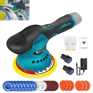 Poliermaschine Akku 12V, Exzenter Poliermaschine mit 2x Akkus, Auto Poliermaschine Set 22 pcs, Exzenter Polierer, 8 Geschwindigkeit Wachsmaschine für Autopflege, Polieren, Wachsen, Kratzerentfernung