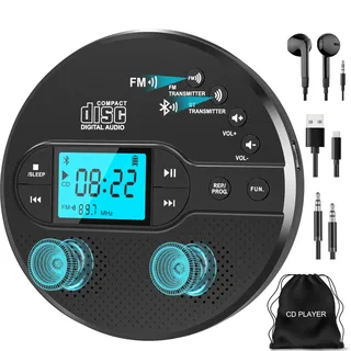 Greadio CD Player Tragbar mit Bluetooth 5.3, Discman CD-Player | 2000mAh Wiederaufladbarer, Kompatibler FM-Sender, USB, AUX, MP3 Player mit Kopfhörer und Anti-Skip/Stoßfest (Schwarz)