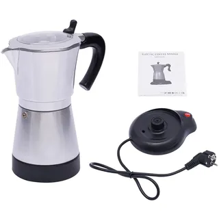 HINOPY Elektrische Espressokocher 220V, 300ml 480W Kaffeemaschine aus Aluminiumlegierung mit Base, Elektrische Espressokocher für 6 Tassen, Kaffeekocher Elektrisch für Reisen oder Camping (Silber)