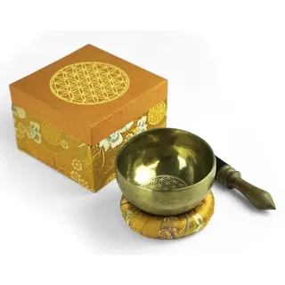 Klangschalen-Center Klangschalen-Set mit Gravur Blume des Lebens Größe L: Traditionelle Klangschale mit Gravur Blume des Lebens (Blume des Lebens Set in Box)