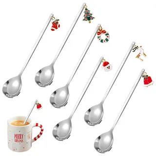 AYMQC Weihnachtslöffel Weihnachts Kaffee Löffel Edelstahl Dessertlöffel Teelöffel mit Weihnachtsanhänger Weihnachten Löffel Set Geschenkbox Verpackung 6 Stück (Silber)