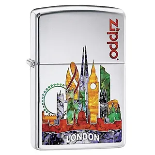 Zippo reguläres Feuerzeug Motiv: London, satinierter Chrom, Unisex, Winddichtes Taschenfeuerzeug, 60002862, Hochglanzpoliertes Chrom., Nicht zutreffend