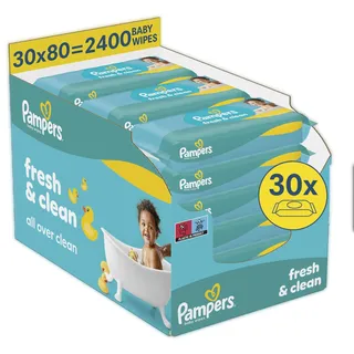 Pampers Fresh Clean Wet Wipes 30 Packs of 80, 2400 Wet Wipes, Mild Fragrance, Also Suitable for Hands and Face
