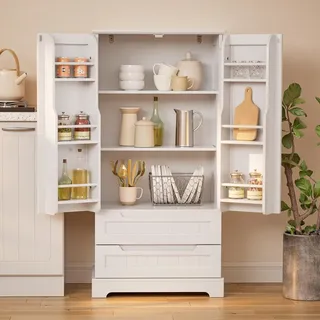 BEALIFE Küchenschrank mit 2 Schubladen & 2 Türen | Freistehend 60x40x120 cm aus MDF mit Kippsicherung | Für Küche & Essbereich | AP28 Weiß - Weiß