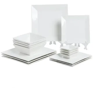 Porlien 16-teiliges klassisches quadratisches Geschirr-Set für 4-eckige Speiseteller, Dessertteller, Schüsseln und Dipuntertassen, gebrochenes Weiß