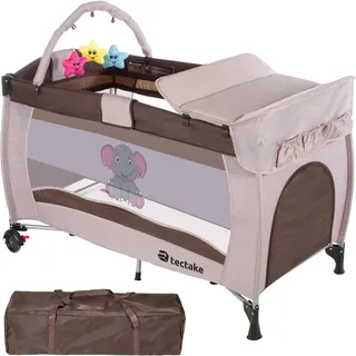 Tectake tectake® Kinder Reisebett, klappbar und höhenverstellbar, 2 Rollen mit Bremsen, inklusive Tragetasche, 132 x 75 x 104 cm