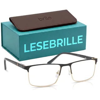 BRILO Herren Lesebrille Schwarz Gold Rechteckig Metall Fertigbrille +2.50 | Eleganter Herren-Lesehilfe im rechteckigen Metall-Design. Flex-Scharnier & inklusive Brillenetui. - Uniwersalny