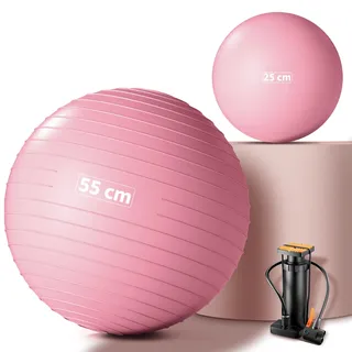 Lureon Gymnastikball 55/65/75 cm + Pilatesball 25 cm – Verdickt Yogaball, Anti-Burst & Anti-Rutsch, Pezziball für Schwangerschaft, Sitzball für Zuhause, Büro, Fitness, Yoga (Rosa, 55 + 25 cm)
