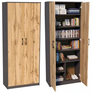 home collective Mehrzweckschrank mit 8 Fächern Besenschrank Haushaltsschrank in mattem Finish mit 6 Einlegeböden und 2 Türen 74 cm breit aus Laminatplatte und hochwertigen Polymergriffen graphit Eiche