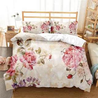 Tomifine Bettwäsche Blumen Bunt Pflanzen Bettwäsche Set Mädchen mit Weich Microfaser Botanisch Bettbezug mit Reißverschluss und Kissenbezug (135x200 cm+80x80cmx1,Rose)