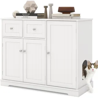 Costway Katzenschrank für Katzentoilette, Katzenklo Schrank mit 2 Schubladen, 3 Türen & Eingang, Katzenkommode Beistelltisch, Katzenmöbel für Innenbereich, modern, 100x45x80cm, Weiß