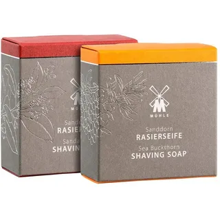 MÜHLE Rasierseifen-Duo - Rasierseife für alle Hauttypen - sanft, fruchtig, vegan - 2x 65 g - Sanddorn und Sandelholz