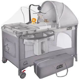 all Kids United all Kids United® Baby Reisebett Babybett - Babycenter Kinderreisebett Kinderbett mit Matratze, Wickelauflage, Musikspiel und Mobile (Grau)