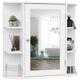 Goplus Spiegelschrank Bad, Badschrank mit Spiegel, Wandschrank, Haengeschrank Holz, Badezimmerspiegelschrank mit viel Stauraum, 66 x 63 x 16,5 cm (Weiss)