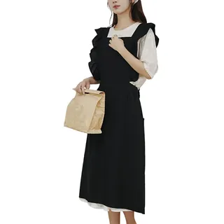 FESEAQ Schmutzabweisende Damen-Kittelschürze Mit Rüschen, Vintage-Schürze Mit Gekreuzter Rückseite, Baumwollschürze Mit Taschen Zum Kochen, Malen, Backen I,One Size