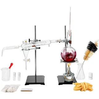 Vevor Destillationsset für ätherische Öle, 500-ml-Destillationsgerät, 3,3-Boro-Laborglas-Destillationsset mit Alkohollampe, Keramiknetz und 24-, 40-Verbindung, 28-teiliges Set