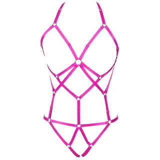 PETMHS Damen Body Harness Straps Elastic Riemchen Full Cage Body Harness Dessous Strumpfband Set Strap Hohl Top BH Punk Gothic Festival Wear (Rosenrot) - A