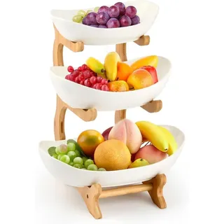 3 Stöckig Obst Etagere Obstkorb Holz Obstschale Modern Obstständer Gemüsekorb, Dessert Etagere für Obst und Snacks, Deko-Etagere aus Bambus - Weiß