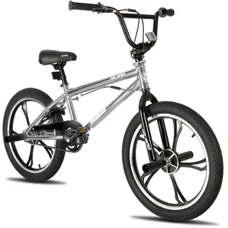 Hiland 20 Zoll 5 Speichen Kinder BMX Fahrrad für Jungen Mädchen ab 7 8 9 10 Jahre alt, 360 Grad Rotor Freestyle, 4 Pegs Single Speed Kinder BMX Fahrrad Silber