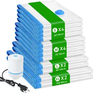 Vakuumbeutel für Kleidung, Vacuum Bags for Clothing und Bettdecken, Vacuum Beutel mit Elektrischer Vakuumpumpe, XL/L/M/S Vakuum Kompressionsbeutel für Reise, Lagerung & Umzug (12 Stück)