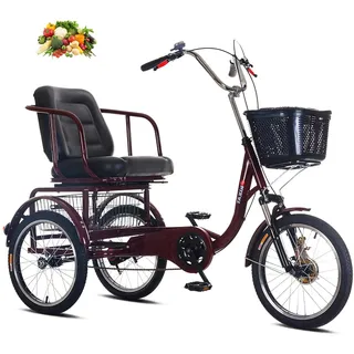 VHCLYBJU Dreirad für Erwachsene, Dreirad für Senioren, Dreirad mit Korb hinten, Leichtes und kleines Fahrrad zum Pendeln, bequemer Sitz, zum Trainieren, Einkaufen, (red, 16in)