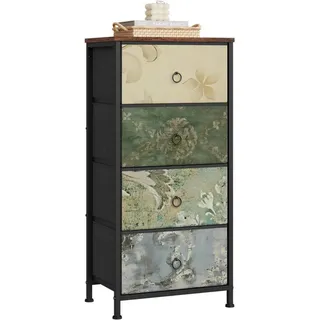 Woltu Kommode, mit 4 Schubladen, aus Stoff, Sideboard, Metallrahmen, Vintage-Blumenmotiv - Grau/Schwarz/Bunt