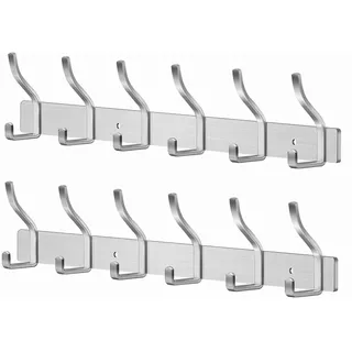 MEIJO Garderobenhaken Edelstahl Hakenleiste Garderobe Garderobenleiste Silber Kleiderhaken Wand mit 6 Haken Wandhaken garderobe für Schlafzimmer Bad Küche Kleiderständer(Silber, 6 Haken 2 Stück)