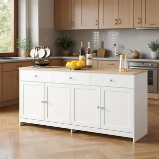 FurnitureR Elegante Weiße Kücheninsel mit MDF, Modernes Design mit Stabilem Stauraum für Küche und Esszimmer, Ideal für Platzsparende Aufbewahrung, 3-Schubladen und 4 Türen für Optimale Organisation