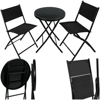 tectake® Bistroset, Tisch und 2 x Stuhl, Kleiner runder Esstisch, Klapptisch und Klappstühle Set, platzsparende Möbel Outdoor wetterfest für Balkon, Terrasse, Gartenmöbel - schwarz
