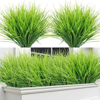 DEMIUKO 12 Bündel Kunstpflanzen Wie Echt Künstlich Pflanzen Außenbereich Kunstgras 45cm Grün Fake Gras Wetterfest Balkonpflanzen UV-beständige Outdoor Dekogras für Draußen Hause Garten Topf Haus Deko