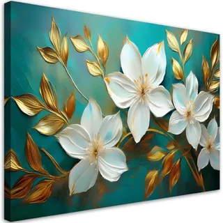 Leinwandbild Weiße Blumen Goldene Blätter Türkis 100x70 Feeby Gold bild für die wand bereit zum aufhängen - Gold