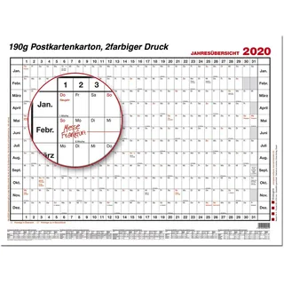 GÜSS Jahresübersicht 2020, Nr. 4, DIN A2, Tagesfeld: 1,5cm x 2,5cm, Größe: 60cm x 42cm: DIN A2 Querformat - 190 g/m2 Postkartenkarton - 2-farbiger ... 1,5 cm x 2,5 cm, - Größe: 60 cm x 42cm