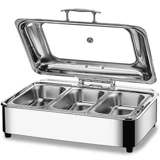 Chafing Dish Elektrisch, 9L Edelstahl Speisewärmer Buffetwärmer mit Sichtbarem Glasdeckel, Kommerziell Wärmebehälter für Essen - Einstellbarer Temperatur, Beste Wahl für Buffets und Partys(Size: