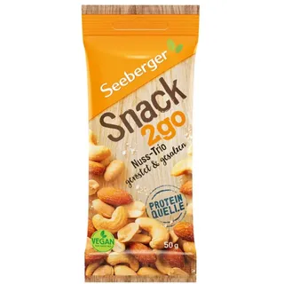 Seeberger Nussmischung Snack 2go, Nuss-Trio: Nuss-Kern-Mischung aus knackigen Mandeln, Erdnüssen und gesalzen, 3 Nusssorten, je 50 g,