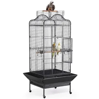 Yaheetech Vogelvoliere Vogelkäfig groß, Papageienkäfig mit 2 Holzstangen und 3 Futternäpfe, Vogelhaus Voliere mit Rollen, 81 x 77x 160 cm