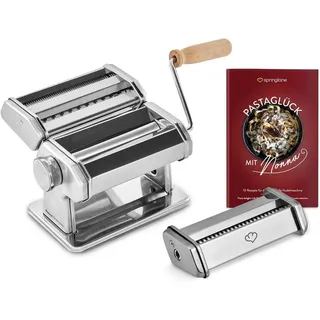 Springlane Manuelle Nudelmaschine Nonna, Edelstahl, Pastamaker inkl. Rezeptheft, Nudeltrockner, Linguineaufsatz & 3 Schneideaufsätze für Spaghett... - Silber