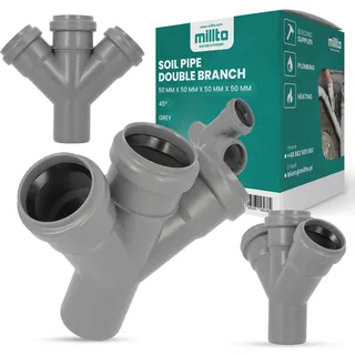 MilltoTM Abflussrohr Doppelabzweig 50x50x50x50 45o Grau Abfallsystem Muffe Abwasserrohr Kanalisationsanschluss Verbindungsstück für Abwasserkanalisation Polypropylen