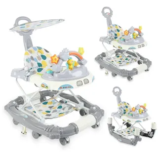 oyajia Lauflernwagen Höhenverstellbarer Baby Gehfrei Lauflernwagen mit Spielcenter, (4in1 Lauflernhilfe Babywalker Spiel- und Lauflernwagen, klappbar, Musik), Wippe, höhenverstellbar, klappbar grau