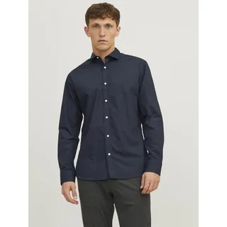 JACK & JONES "JJJOE SHIRT LS PLAIN", Herren, Gr. L, N-Gr, blau (navy blazer), Web, Obermaterial: 65% Polyester, 35% Baumwolle, unifarben, slim fit normal, ohne Ausschnitt, Ärmel mit Ärmelschlitz 2-Knopf-Manschette, Hemden, Materialmix, slim fit